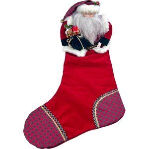Santa Red Velour Christmas Stocking 3D Porcelain Face Glasses Bell Plaid Vest 24